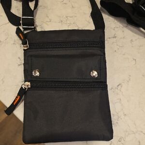 Black Compact Crossbody Belt Bag with Orange Accent